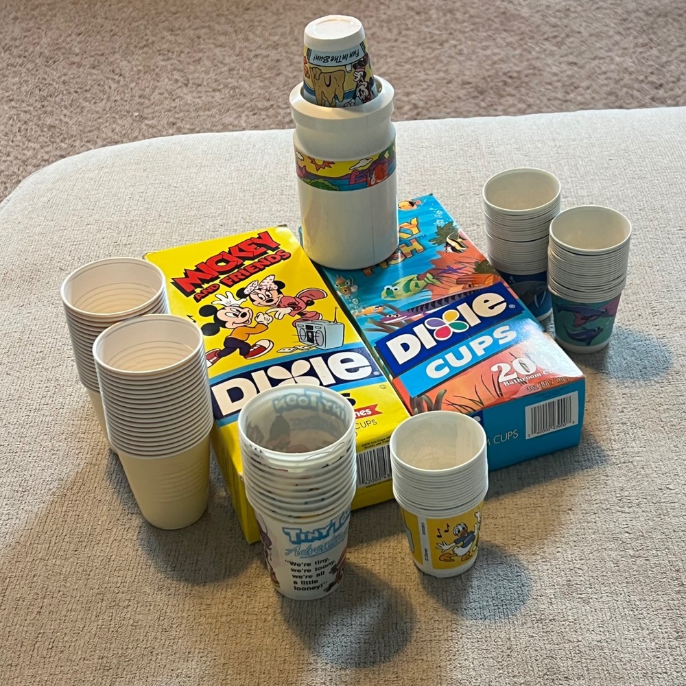 Vintage Dixie Cups Lot Mickey and Friends Tiny Toons Funky Fish Dispenser 3oz